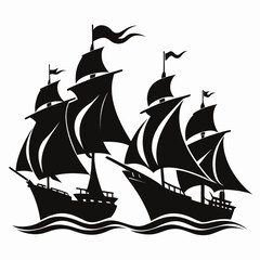 Black silhouette sailing ships with billowing sails on wavy ocean pirate ships black and white
