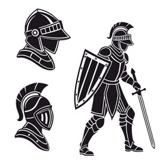 Black knight armor helmets and full suit with sword and shield