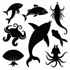 Black silhouettes of marine life including dolphin octopus fish and seashell vector