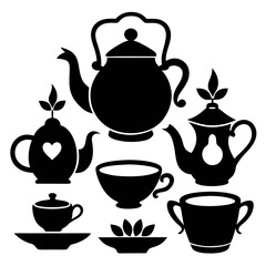 Black silhouettes of teapots and cups with decorative elements teacup white