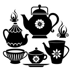 Black silhouettes of teapots cups and decorative elements teacup sugar bowl