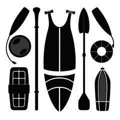 Black silhouettes of water sport equipment arranged symmetrically water sports white