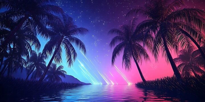
Space futuristic landscape. Neon palm tree, tropical leaves. Tropical palm trees on a background of an abstract background with neon glow. Reflection of palm trees on the water. 3d illustration


