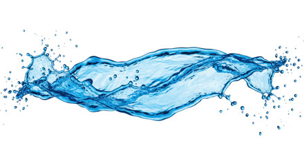An abstract, horizontal swirl of vibrant blue and light blue fluid, intricate patterns, splashing water droplets, isolated on transparent background with copy space, studio lighting, concept of