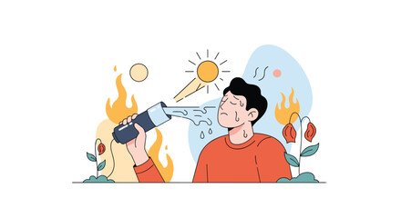 Using a fire extinguisher to put out a small blaze with flames and smoke affecting a person and surrounding plants outdoors