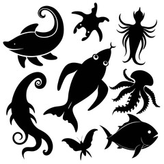 Black silhouettes of marine life and butterfly underwater