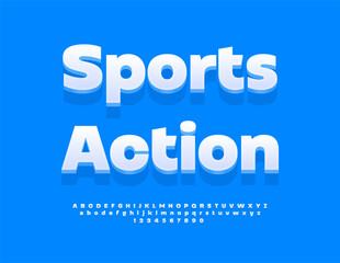 Vector Trendy sign Sports Action. Classic White Font. Decorative 3D Alphabet Letters and Numbers set.