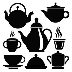 Black silhouettes of teapots cups and sugar bowl steam