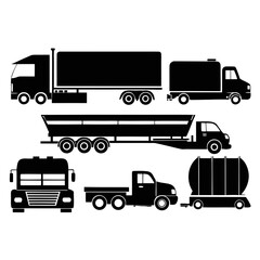 Black truck and lorry silhouettes on white background cargo transport