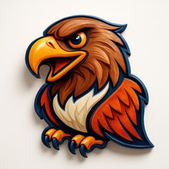 Carved Eagle Illustration with Brown Feathers Orange Beak and Blue Outline on White Background
