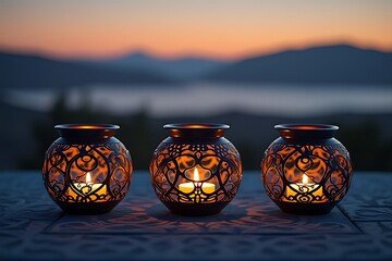Three ornate lanterns with glowing candles on a table at sunset light warm
