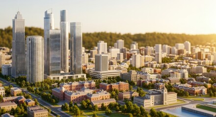 Obraz premium Modern City Skyline with Tall Skyscrapers and Residential Buildings in Bright Sunset Light