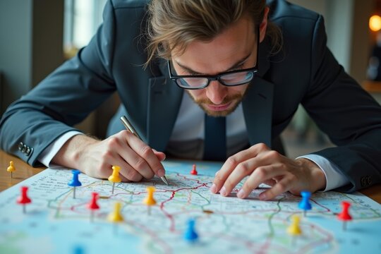 Aerial View of Businessperson Creating Crime Scene Investigation Style Map with Push Pins and String on Office Table