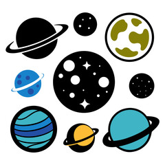 Celestial bodies and cosmic spheres with rings and stars planets moons