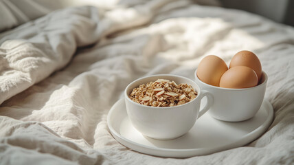 Fototapeta premium Breakfast with eggs and cereal on a cozy bed with natural light.