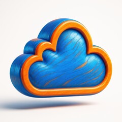 Blue cloud icon with orange wooden frame and texture against a white background 3 D rendering