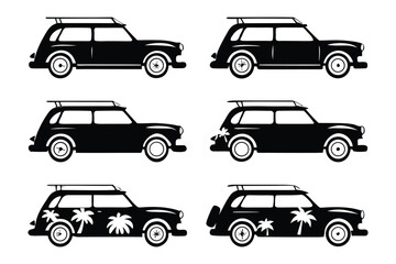 Retro Car Set Illustration: An illustrative assortment of classic station wagon cars in a retro style, each showcasing unique details and silhouettes. The cars stand out with luggage racks.