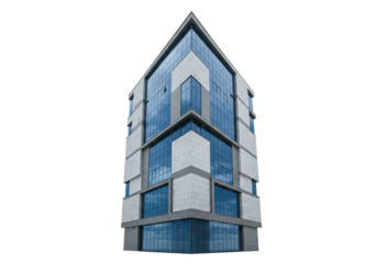 A towering, modern multi-story commercial building with blue-tinted glass windows reflecting a bright sky, integrated with light and dark grey panels, sharp angles, isolated on a transparent