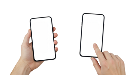 Two light-skinned hands hold sleek matte black smartphones with blank white screens, one showcasing, one poised to tap, isolated on a transparent background with copy space, ultra photorealistic