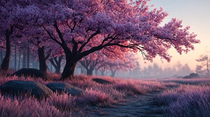 Beautiful spring landscape image featuring rows of pink cherry blossom trees in full bloom across a wide field. 