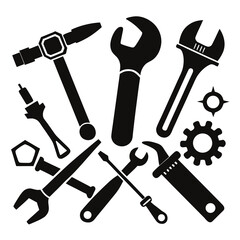 Collection of black mechanical tools and gear on white wrench hammer