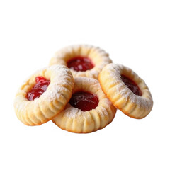 -Dessert image is transparent png. Close Up Shot Of Ring Shaped Cookies With Red Jam Filling And Powdered Sugar Isolated On Transparent Background