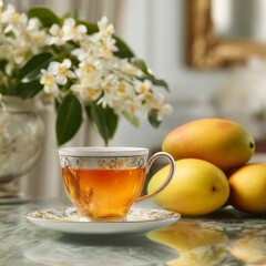 Elegant Tea Time: A classic tea setting with a focus on a delicate teacup with a warm, inviting beverage, set alongside fresh mangoes and beautiful, white flowers in a vase.