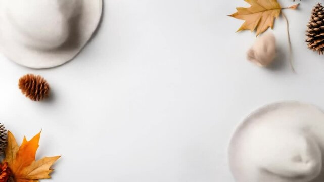 Two off-white hats are positioned on a white surface, accompanied by autumn leaves, pine cones, and a ball of yarn.