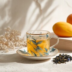 Tea Time Elegance: A captivating close-up showcases a transparent teacup brimming with a vibrant beverage, nestled on a decorative saucer, surrounded by a book and fruit.