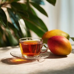 Mango Tea Still Life: Glass cup of mango tea with two mangoes. The table is bright, with tropical vibes from green leaves casting gentle shadows.