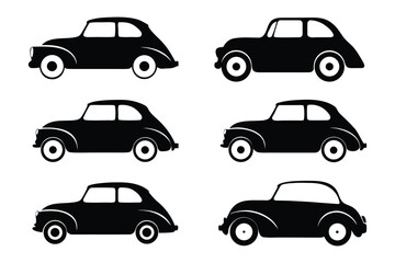 Fototapeta premium Vintage Car Silhouette Collection: Six classic vintage car silhouettes in black, a perfect visual for design projects related to transport, travel or classic automotive.