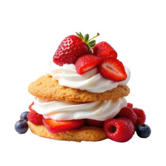 -Dessert image is transparent png. Delicious dessert with strawberries raspberries blueberries and whipped cream on a baked cookie against transparent background