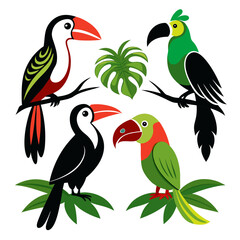 Colorful toucans and parrots perched on branches tropical birds