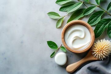 White cream in wooden bowl with green leaves and brush image