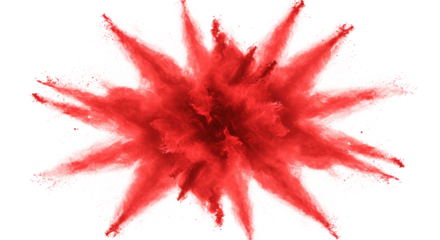 A vibrant red powder explosion, crimson and scarlet hues, fine swirling particles, isolated against a perfectly transparent background with ample copy space, concept of dynamic energy.
