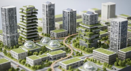 Modern Eco-friendly Urban Office Buildings with Green Rooftops and Glass Structures