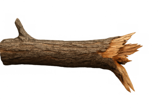 Broken tree branch isolated on transparent background, ideal for compositing and design projects requiring natural elements