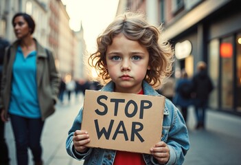 A sad Child Holding STOP WAR Sign