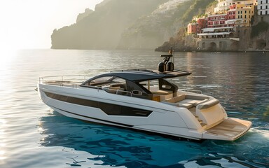 Sleek modern yacht cruising in a sunlit ocean, designed with a streamlined silver and black hull.
