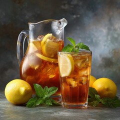 Refreshing Iced Tea: A pitcher and glass of iced tea, garnished with lemon slices and fresh mint, are displayed invitingly. The amber liquid shimmers, promising a cool and refreshing treat.