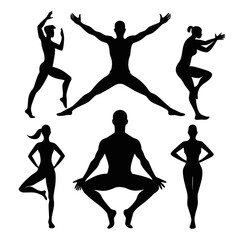 Diverse athletic figures in dynamic poses silhouette fitness