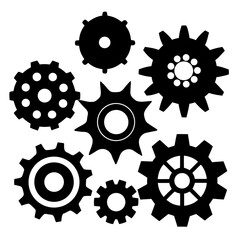 Diverse black gear and cog silhouettes on white background gears cogs
