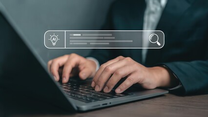 Professional uses AI search on laptop, exploring big data strategies