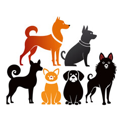 Diverse dog breeds silhouettes orange black dogs canine