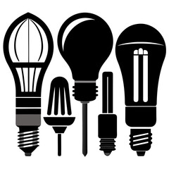 Diverse electric bulb silhouettes black and white electric bulbs