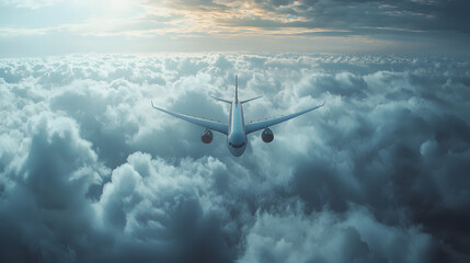 datum budget and flight schedule of commercial airplane flying through the clouds in the sky