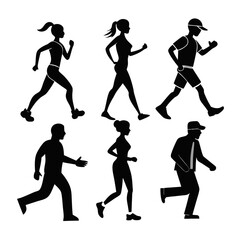 Diverse people running and walking silhouettes fitness