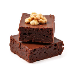 -Dessert image is transparent png. Two Chocolate Brownies Stacked with Walnuts on Top Isolated on Transparent Background