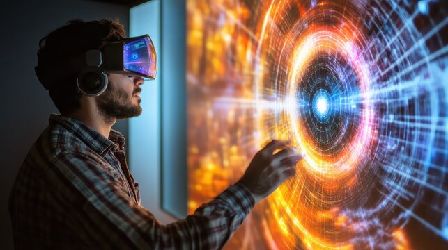 Man immersed in virtual reality with glowing abstract digital interface