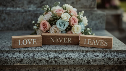An everlasting love symbolized by elegant wedding flowers next to engraved wooden blocks a on transparent background